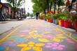 multicolored chalk art on a sidewalk near play area