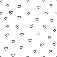 Black And White Doodle Hearts Seamless Pattern For Kids. Hand Drawn Romantic Background In Outline. Great For Coloring Page. Vector Illustration