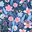 © Dasha Yurk - Spring blue seamless pattern of flowers, leaves and herbs. Generated by AI