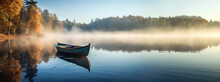 Misty Lake With Boat Landscape, Rowboat In The Morning Mist Panorama