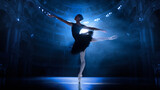 Graceful, beautiful talented young woman, professional ballet dancer in motion, performing on theater stage with spotlights. Concept of classical dance, art and grace, beauty, choreography