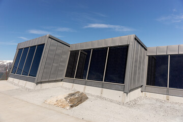 Photovoltaic solar panel outdoor in norwegian mountains nature. System of electricity generation