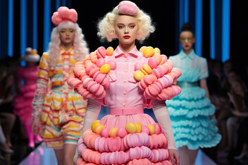 Canvas Print - Revel in a high-fashion event where the catwalk is graced by models adorned in outfits inspired by the vibrant patterns and hues of macarons, 
with an audience utterly captivated