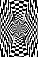 Poster - Abstract Black and White Pattern with Tunnel. Contrasty Optical Psychedelic Illusion. Smooth Checkered Spiral and Chessboard in Perspective. Raster. 3D Illustration