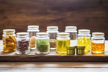 Poster - assorted natural dietary supplements in glass jars