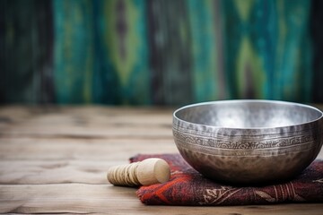 Wall Mural - a tibetan singing bowl placed on an old wooden surface