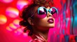 © mockupzord - A bold and fashionable woman, with magenta lips and a sense of style, gazes confidently through her blue sunglasses, her eyewear serving as both protection and a statement piece, capturing the essenc