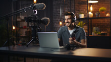 Male Influencer Or Content Creator Recording A Video Podcast Or YouTube Video. Speaking Into Camera, Illustrating The Spontaneity And Authenticity Of Contemporary Digital Communication