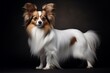 An elegant Papillon dog standing gracefully against a dark background. Generative AI