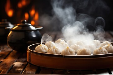 Poster - close-up of steaming hot dumplings on a wooden table