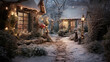 Snow-covered garden path lined with luminous lanterns leading to a warmly lit cottage adorned with wreaths and garlands