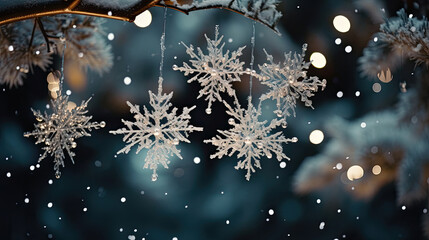 Wall Mural - Starry night sky framed by the branches of a beautifully decorated outdoor Christmas tree