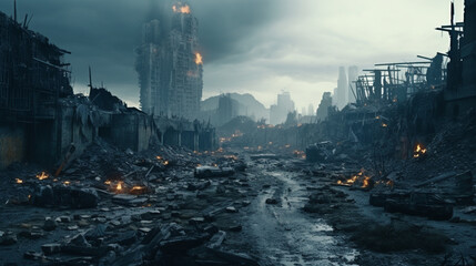 Wall Mural - Post apocalyptic city view cityscape. City in ruins. Dystopian future