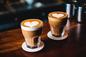 Canvas Print - two cups of coffee on a table with heart-shaped foam