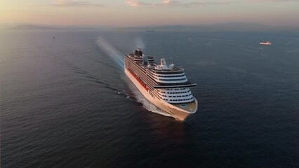 Wall Mural - panoramic aerial view of a generic cruise ship traveling over the ocean during golden summer sunset 