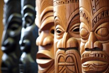 Traditional Maori Carvings At A New Zealand Fair
