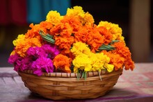 Brightly Colored Paper Marigolds In A Basket