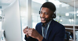 Fototapeta  - Computer, call center and happy black man talking, crm and technical support at help desk. Communication, customer service and sales agent consulting, telemarketing advisory and speaking to contact