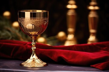 Wall Mural - a gold chalice with red wine placed centrally on an altar