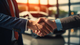 Fototapeta Na ścianę - Handshake between a professional seller and an excited buyer at a car dealership. This image represents the successful completion of a car purchase transaction, emphasizing trust and satisfaction.