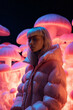 © Glittering Humanity - In the midst of a winter wonderland, a beautiful woman stands in her puffy coat, illuminated by the neon glow of a mushroom, exuding an otherworldly aura as she becomes one with the ethereal light