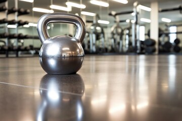 Canvas Print - a shiny stainless steel kettlebell on a gym floor