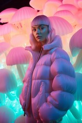 Wall Mural - In a winter wonderland, a beautiful woman stands proudly in her puffy coat, the glowing neon lights reflecting off the shimmering pink and magenta fabric as she holds a mysterious mushroom