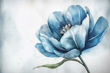 An Artwork Depicting A Blue Tulip Painted In A Watercolor Style On Canvas. Generative AI