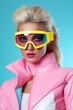 © Glittering Humanity - A stunning lady adorned in pink and yellow ski goggles gazes confidently into the camera, exuding both style and adventure in her winter portrait