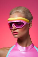 A vibrant winter fashion statement, this woman exudes beauty and confidence as she rocks pink and yellow sunglasses, accessorized with ski mask and goggles, showcasing her bold eyewear