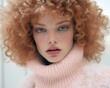 © Glittering Humanity - A stunning winter portrait of a woman with fiery curls and a pink sweater, her doll-like features highlighted by a delicate hairpiece and rosy lips, exuding beauty and style in her cozy indoor settin