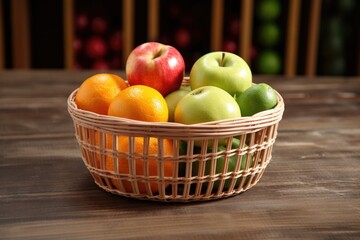 Sticker - an empty fruit basket on a wooden table