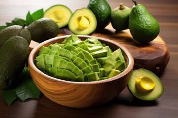 Poster - a wooden bowl full of about-to-riped avocados