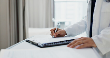 Poster - Doctor, hands and writing on checklist at desk for health, information and paperwork. Table, clipboard and closeup of medical woman on chart for prescription, notes or insurance document in hospital