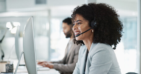 Poster - Happy woman, call center and customer service in telemarketing, support or communication at office. Friendly female person, consultant or agent smile in online advice, help or contact us at workplace