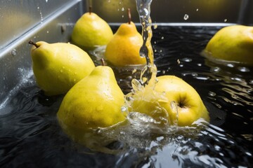 Sticker - washing pears under running tap water