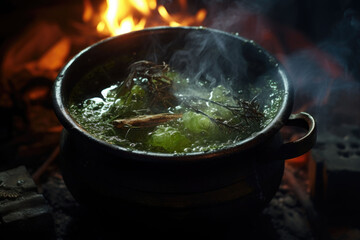 Bubbling cauldron in a dark witchs lair. AI generated