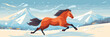 A horse with a fluttering mane gallops freely on a snowy plain, vector