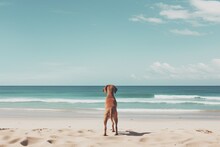 Dog On The Beach With Sea And Blue Sky - Vintage Filter Effect, Dog On The Beach, AI Generated