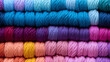 set of different colors Crochet yarn hank or Acrylic yarn background, clew of wool, spools of thread, colorful threads