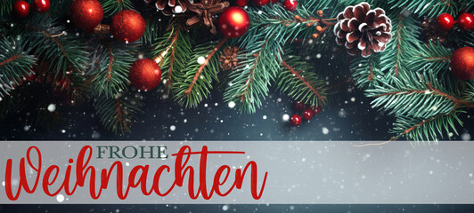 Wall Mural - Frohe Weihnachten, Grußkarte mit deutschem Text – Rote Christbaumkugeln, Tannenzweige und Kieferzapfen auf dunkler Tisch Textur mit Schneeflocken, Draufsicht