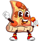 Fototapeta Pokój dzieciecy - Cute slice of pizza character with funny face mascot singing using mic, isolated cartoon vector illustration. Cute slice of pizza mascot, emoticon