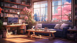 lofi living room with study table, anime style	
