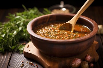 Canvas Print - a rustic wooden spoon filled with piping hot lentil soup