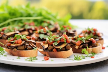 Poster - mushroom bruschetta on a white plate with a leafy background