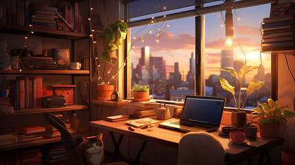 lofi living room with study table, anime style	
