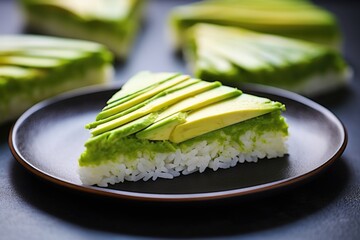 Wall Mural - triangle-cut avocado over rice cake on an aluminum plate