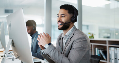 Poster - Computer, call center and happy man talking, crm and support at help desk office. Technology, customer service and sales agent consulting, telemarketing communication or speaking to business contact