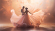 Elegant ballet dancers executing a pas de deux amid mellow tints and dreamy stage illumination.