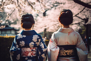 Back view of two Asian women in traditional Japanese Kimono garments. 